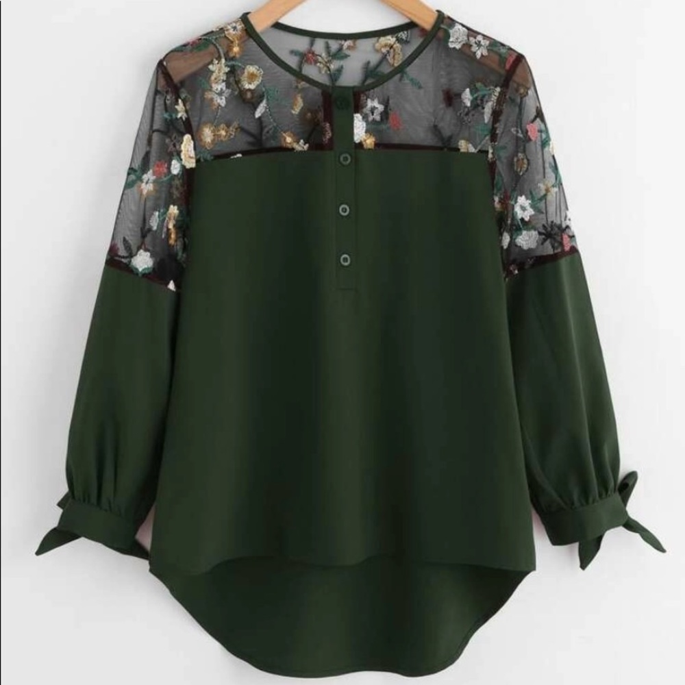 SHEIN: Olive Green Blouse w/ Sheer & Floral Print